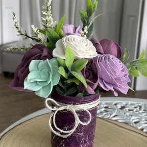READY TO SHIP - Purple Posies Mini Jar Wood Flower Arrangement - Sola Wood Flower Arrangement - Birthday Gift - Wedding Centerpiece - 8oz