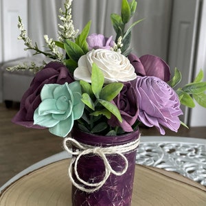 KLAAR VOOR VERZENDING - paarse zakjes minipotje hout bloemstuk - sola hout bloemstuk - verjaardagscadeau - middelpunt bruiloft - 8oz