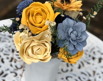 Lemon Drop Flower Arrangement - Rustic Decor -  Sola Flowers - Blue and Golden Yellow - Forever Flowers - Black Eyed Susan - Sunflower