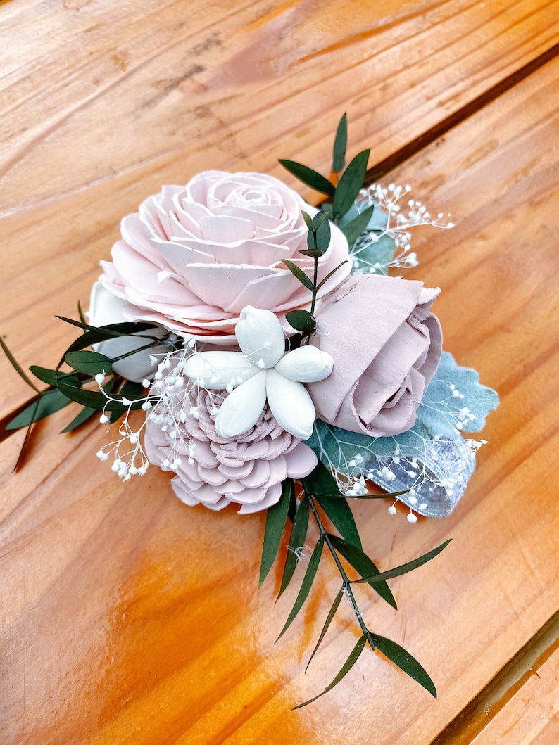 Blushing Rose Wood Flower Corsage Wooden Flowers Wedding Collection Sola Flower Made to Order Match your bouquet image 6