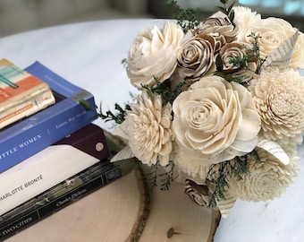 Literary Wedding Bouquet | Natural Wood & Book Page Flowers | Forever Bridal Bouquet