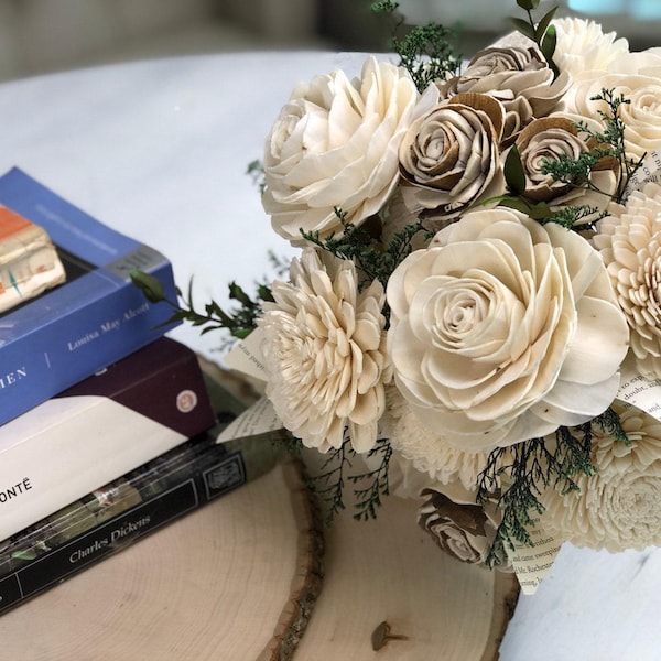 Literary Wedding Bouquet | Natural Wood & Book Page Flowers | Forever Bridal Bouquet