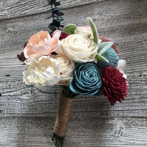 Sweet Winter Wonderland Wood Flower Bouquet Sola Flower Bouquet Forever Flowers Burgundy, Pink, Tranquil Blue Eco Friendly Blush image 5