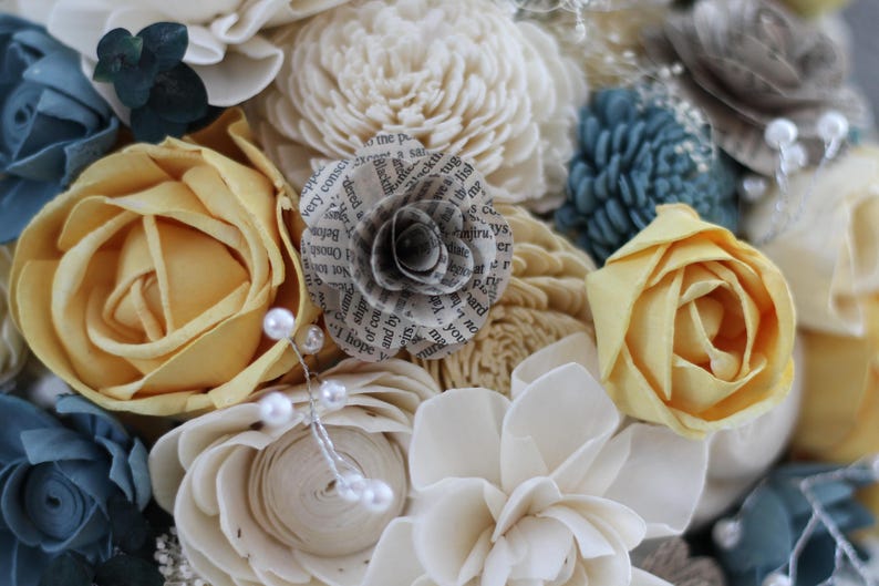 Vintage Bridal Bouquet Wooden Flowers Timeless Vintage Wedding Collection Blue and Yellow Made to Order image 3