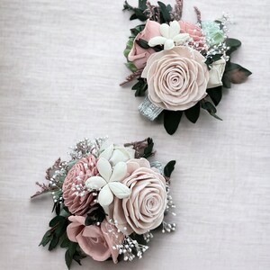 Blushing Rose Wood Flower Corsage Wooden Flowers Wedding Collection Sola Flower Made to Order Match your bouquet image 2