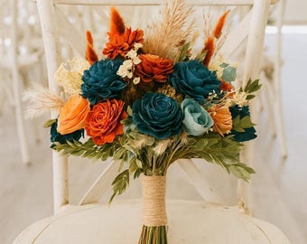 Teal and Terracotta Sola Wood Flower Wedding Bouquet, Boho Bridal Bouquet, Cascading Bouquet