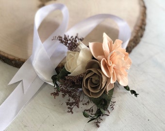 Garden Wrist Corsage - Wooden Flowers - Garden Woodland Wedding Collection - Grape, Blush - Made to Order