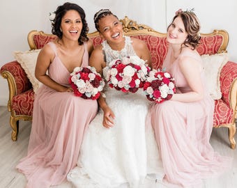 Red & Blush Wooden Flower Bridesmaid Bouquet | Classic Elegance Bridesmaid Bouquet | Apple Red, Petal Pink and Honey Maroon Sola Wood Flower