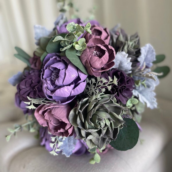 Purple Peonies Succulent Garden - Lavender - Lilac - Dusty Purple Sola Wood Flower Wedding Bouquet - Garden Wedding Bridal Bouquet