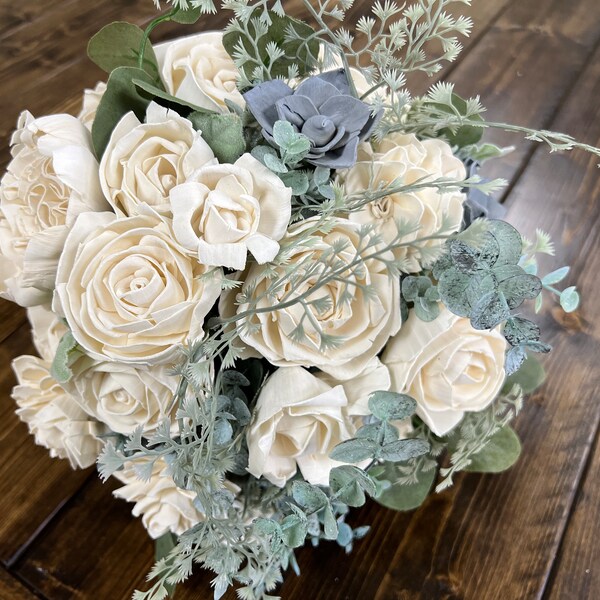 READY TO SHIP - bouquet de fleurs en bois bleu poussiéreux et blanc - tel quel - bouquet de la mariée - fleurs de mariage jardin bohème chic - bouquet de la mariée