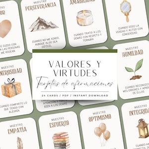May include: A collection of affirmation cards with watercolor illustrations and text. The cards feature words like "Values and Virtues" and "24 Cards / PDF / Instant Download". Each card has a different word and image.