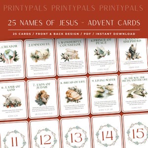 Puede incluir: Tarjetas de Adviento con 25 nombres de Jesús, diseño frontal y posterior. Cada tarjeta tiene un nombre, una imagen y un versículo bíblico. Las tarjetas están dispuestas en una cuadrícula, con los números del 1 al 15 visibles. El texto '25 NOMBRES DE JESÚS - TARJETAS DE ADVIENTO' está en la parte superior.