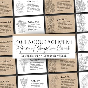 Könnte beinhalten: Eine Sammlung von 40 Ermutigungskarten mit floralen Illustrationen und Bibelversen. Die Karten sind im minimalistischen Stil gehalten, mit einer neutralen Farbpalette und dem Text "40 ENCOURAGEMENT Minimal Scripture Cards".