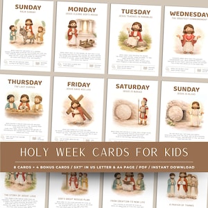以下が含まれることがあります： 聖書の場面を描いた、子供向けのイラスト入り聖週間カードのセット。各カードには、関連する画像とテキストとともに、曜日が表示されています。カードのサイズは12.7 x 17.8 cmです。