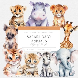 Safari Baby Animals Clipart, 9 High Quality PNGs, Watercolor, Sticker, Digital Download, Nursery Illustrations