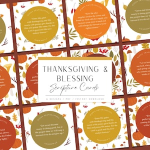 May include: Thanksgiving and Blessing Scripture Cards with various designs. Each card features a quote and the words "Happy Thanksgiving" in a circular design. The cards have a fall theme with pumpkins and leaves.