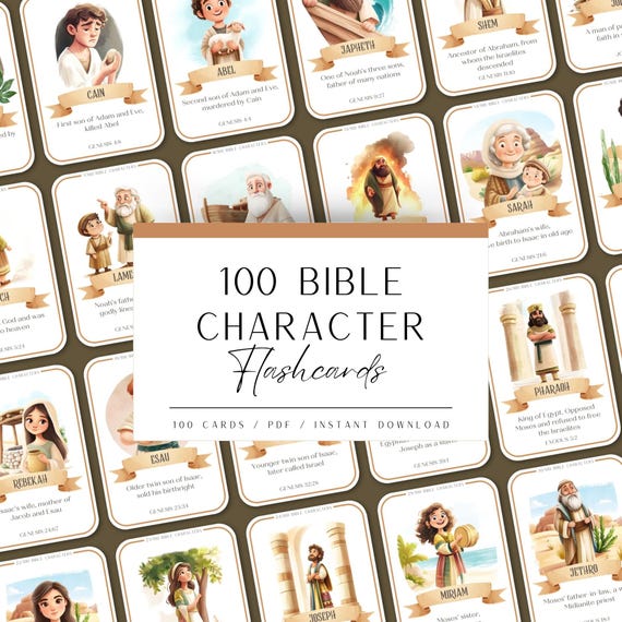 100 Bible Character Flashcards: Christian Education for Kids. Homeschool Printables.