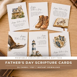May include: Six rectangular Father's Day cards featuring watercolour illustrations of a house, work boots, an open book with glasses, a bald eagle, a lighthouse, and a heraldic shield. Each card includes religious scripture text in black ink.