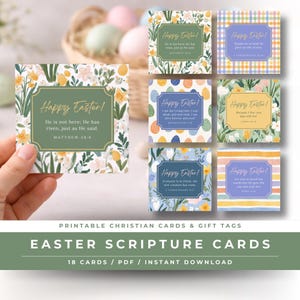 May include: A collection of square Easter scripture cards with floral and egg designs. Each card features the text "Happy Easter!" and a Bible verse. The cards are available as a printable PDF download.