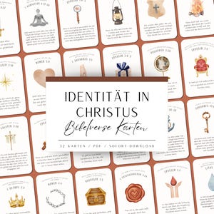 Könnte beinhalten: Ein Set von 32 Bibelverskarten mit Aquarellillustrationen und deutschem Text. Die Karten zeigen verschiedene Bilder, darunter ein Herz, ein Schlüssel und eine Schatztruhe. Der Titel "IDENTITÄT IN CHRISTUS Bibelverse Karten" ist prominent dargestellt.