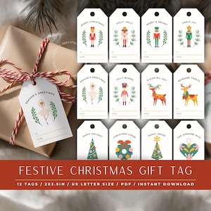 Könnte beinhalten: Eine Sammlung festlicher Weihnachtsgeschenkanhänger mit verschiedenen Designs, darunter Nussknacker, Rentiere und Weihnachtsbäume. Die Anhänger sind weiß mit farbenfrohen Illustrationen und Text, perfekt für Weihnachtsgeschenke. Die Anhänger sind 5.08 cm x 8.89 cm groß.