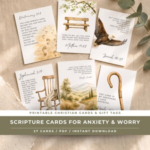 May include: Six rectangular cards featuring watercolor illustrations and Bible verses. Designs include footprints on sand, a wooden bench, a flying eagle, a wooden chair with a blanket, a mountain landscape, and a shepherd's staff with text.