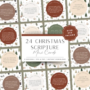 Pode incluir: Conjunto de 24 mini cartões de Natal com Escrituras, 7.6 x 7.6 cm, com vários designs. Cada cartão apresenta um versículo bíblico e as palavras "Merry Christmas". Inclui 6 designs em JPG e PDF.