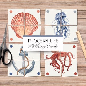12 cartes assorties Ocean Life, puzzles imprimables Ocean Life aquarelle, activité Montessori, tout-petit, préscolaire, téléchargement numérique, école à la maison