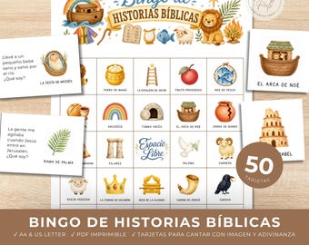 May include: A printable Bible stories bingo game set featuring a grid with colorful illustrations of biblical icons like Noah's ark, a rainbow, and a lion. The set includes 50 cards with riddles and images, labeled with Spanish text such as Bingo de Historias Bíblicas.