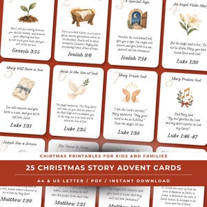 May include: A set of 25 Christmas story advent cards featuring watercolour illustrations and Bible verses. Each card displays a numbered title, a thematic image such as a manger or dove, and scripture references like Genesis 3:15 and Luke 1:30.