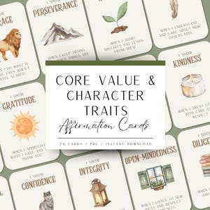 Lot de 24 cartes d'affirmation de valeur fondamentale et de traits de caractère - Illustration aquarelle - apprentissage à domicile imprimable - TÉLÉCHARGEMENT NUMÉRIQUE