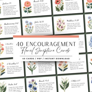 May include: A collection of 40 floral scripture cards with inspirational quotes. Each card features a different floral illustration and a Bible verse. The cards are available as a PDF for instant download.