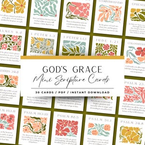 Puede incluir: Un conjunto de mini tarjetas de escritura con diseños florales en varios colores. Las tarjetas presentan versículos bíblicos y el texto "GOD'S GRACE Mini Scripture Cards" con "30 CARDS / PDF / INSTANT DOWNLOAD".