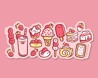 Strawberry Treats Sticker | Weatherproof Vinyl Sticker | Cute Strawberries Sticker | Strawberry Art | Happy food magnet | cute pink magnet