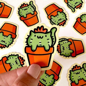 Floración Cactus Cat Mini pegatina / Pegatina impermeable / Pegatina Kawaii / Mini pegatinas de gatos / Pegatina de cactus lindo / Pegatina de plantas felices