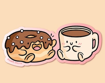 May include: A cartoon donut with chocolate icing and white sprinkles smiles at a cartoon coffee mug with brown liquid inside. Both characters have happy faces and are sitting on pink backgrounds.