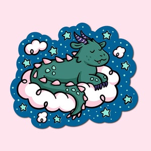 Sleepy Dragon Vinyl Sticker | Magical Creature Sticker | Waterproof Sticker | Cryptids | Mythical Beasts | Starry Night Sky Sticker | Clouds