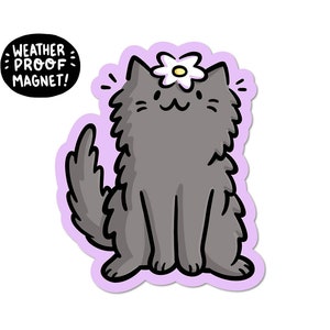 Magneet Daisy Cat | Waterdichte vinyl automagneet | schattige zwarte kattenmagneet | Gelukkige grijze kattenmagneet | madeliefjemagneet | kawaii kattenmagneet | kattendame