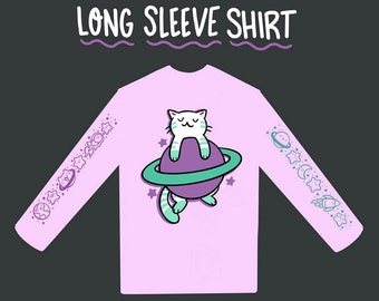 PRE-ORDER Space Cat Long Sleeve Shirt | Kawaii Clothing | Cute Purple Shirt| Kawaii Shirt | Cute Animals | Outer Space Shirt |Lavender Shirt