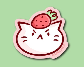 Strawberry Head Cat Sticker | Weatherproof Vinyl Sticker | Cute Strawberries Sticker | Strawberry Sticker | white cat sticker | kawaii cat