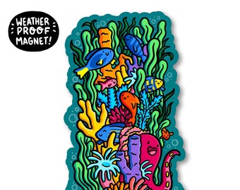 Coral Reef Magnet | Waterproof Vinyl Car Magnet | Sea Creature Magnet | Ocean Magnet | Cute Octopus Magnet | tropical fish artwork | Kawaii