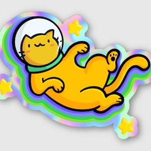 Space Cat Holographic Waterproof Vinyl Sticker | Weatherproof Sticker | Kawaii Outer Space | Cute Cat Sticker | Colorful Astronomy Sticker