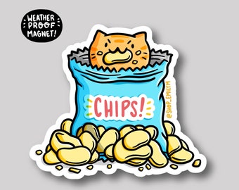 Bag of Chips Cat Magnet | Potato Chips Magnet | Waterproof Vinyl Car Magnet | Kawaii Food Magnet | Cute orange cat magnet | troublemaker cat