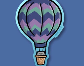 Hot Air Balloon Cat Sticker | Weatherproof Vinyl Sticker | kawaii hot air balloon sticker | travel sticker | flight sticker | cute gray cat
