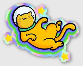 Raum Katze holographische wasserdichte Vinyl Aufkleber | Wetterfest Aufkleber | Kawaii Weltraum | Süße Katze Aufkleber | Bunte Astronomie Aufkleber