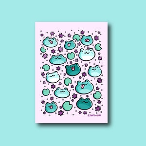 Froggy Print | Frogs and lily pad print | cute frog artwork | cartoon frog print | purple flowers print | happy frogs print |kawaii frog art
