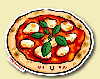 May include: A cartoon pizza sticker with a smiling face. The pizza has a red sauce base, white mozzarella cheese, and green basil leaves. The crust is golden brown. The sticker has the text "@shopemilym".