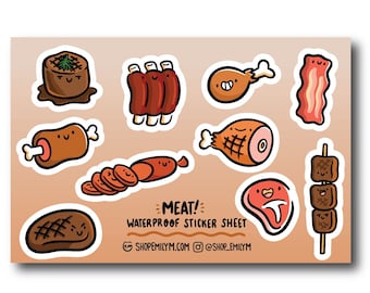 Hoja de pegatinas de carne / Mini pegatinas impermeables / Lindas pegatinas de carne / Pegatinas de carnívoros / Pegatinas de tocino / Pegatinas de bistec / Carnívoros