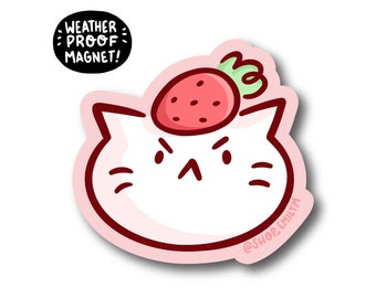 Magnete gatto testa di fragola / Magnete vinile / Magnete fustellato / Magnete cibo Kawaii / Magnete gatto bianco / Magnete gatto scontroso / Magnete gatto kawaii