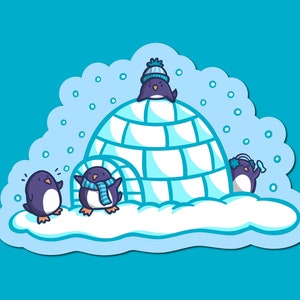 May include: Four penguins stand near an igloo in a snowy landscape. One penguin wears a blue scarf, another wears a blue hat, and another wears a blue headband. The igloo is made of ice and has a blue and white color scheme.